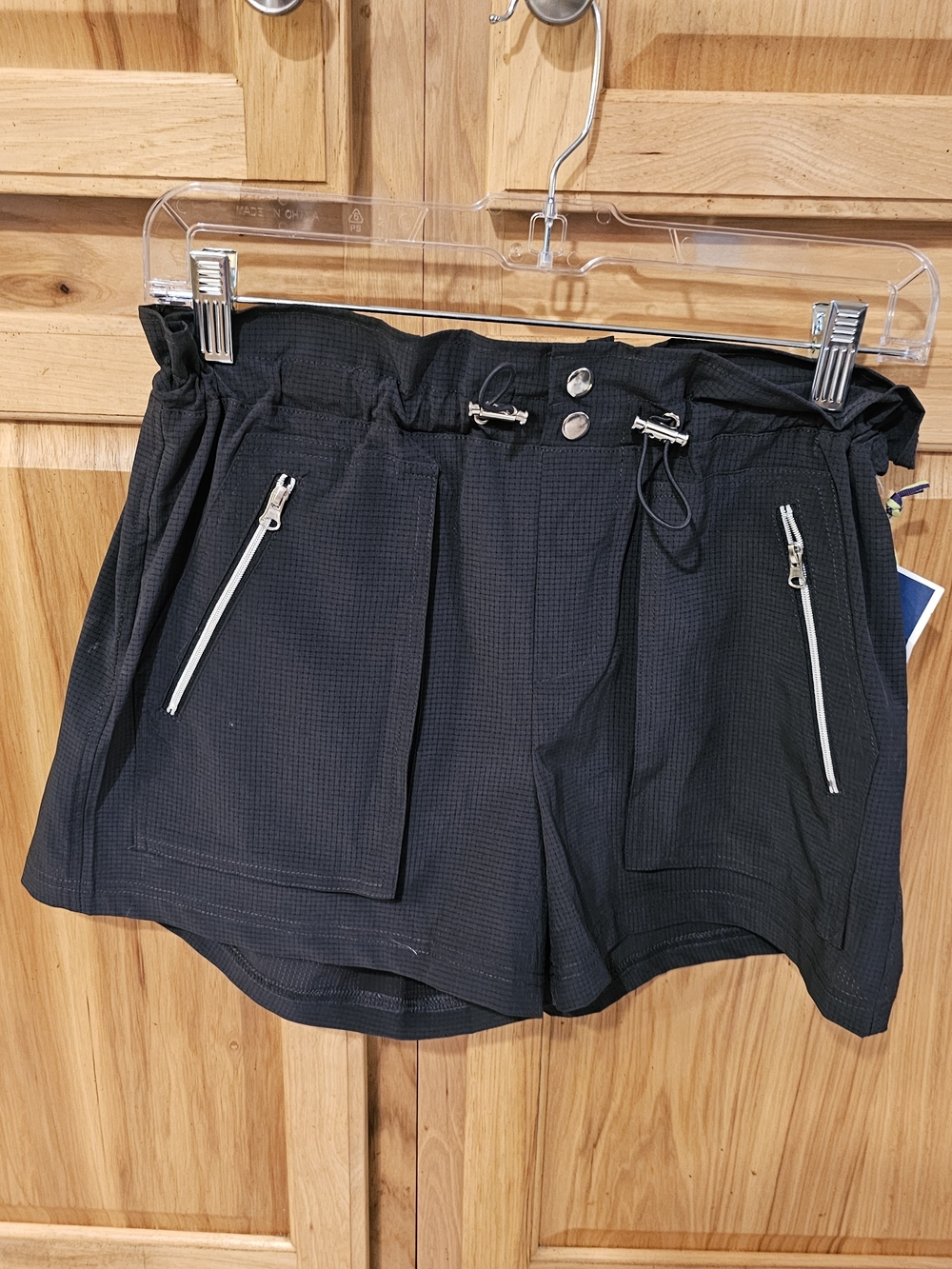 Te Verde Black Paperbag-Waist Athletic Shorts with Zip Pockets